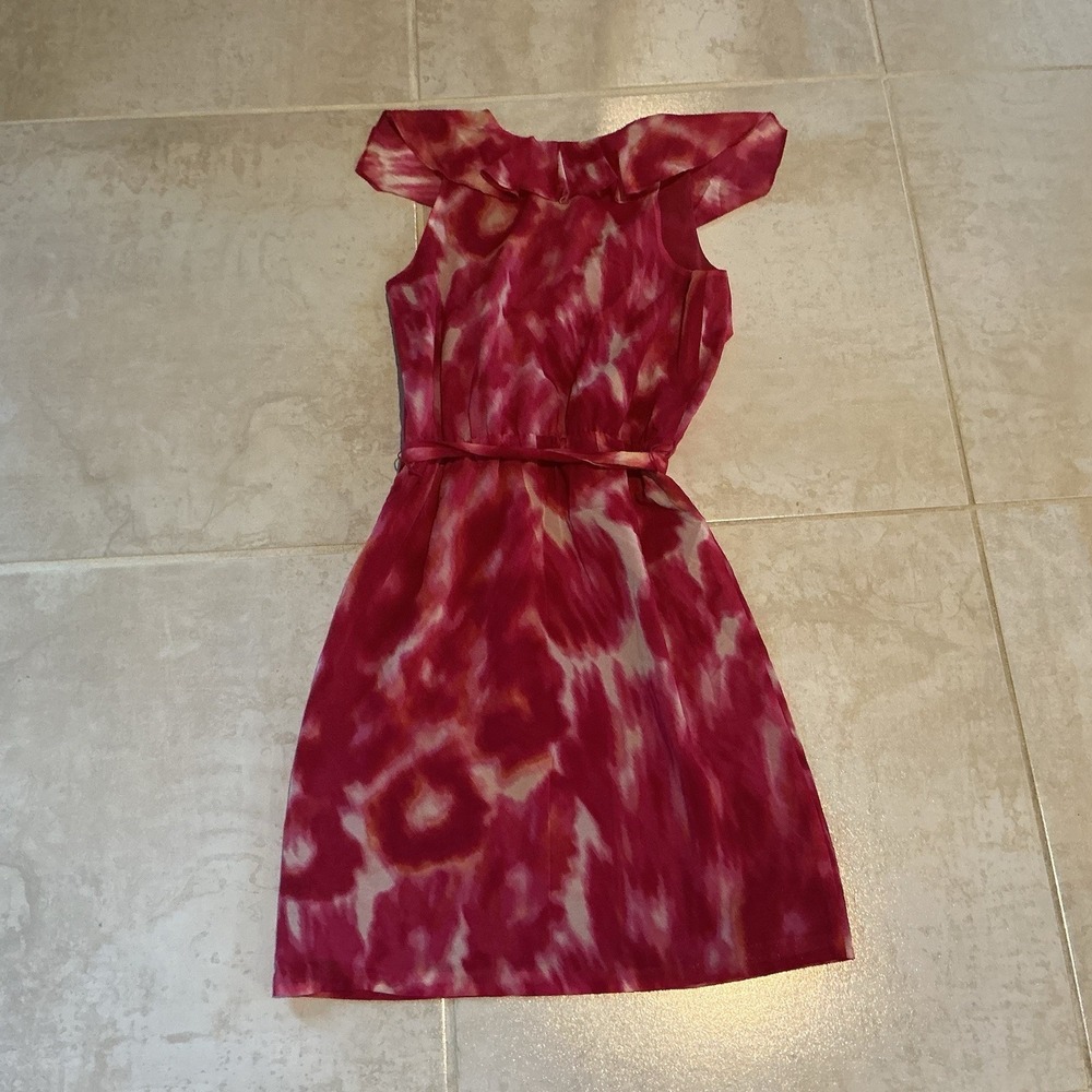 Ann Taylor Sz 0P Pink Silk V-Neck Ruffles Tie Gathered Waist Sleeveless Dress - Picture 2 of 7